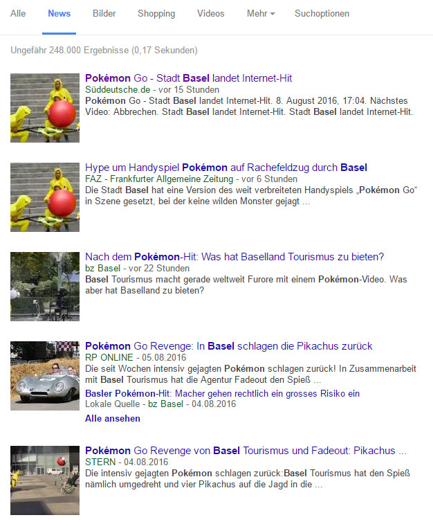 Pokemon Basel in den Google News Ergebnissen