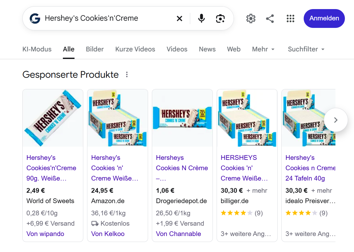 Google Shopping-Anzeigen mit Produktbildern, Preisen und Händlernamen in der Google-Suche