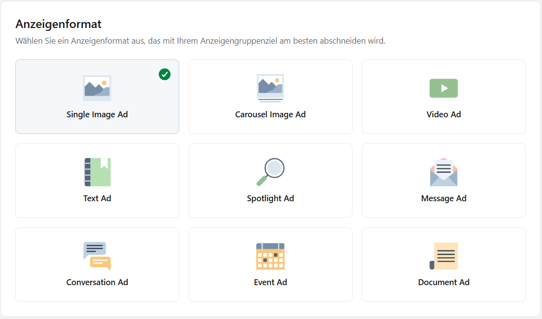 Anzeigenformat im LinkedIn Campaign Manager auswählen