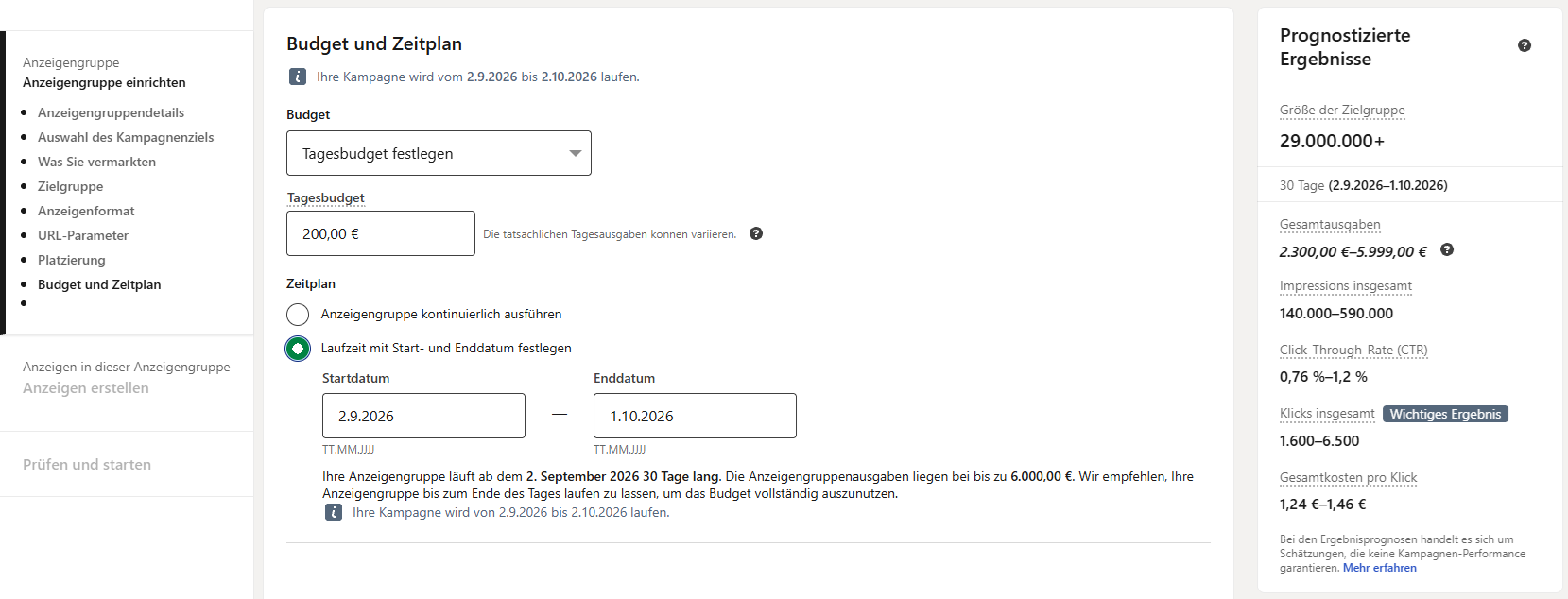 Budget, Zeitplan und prognostizierte Ergebnisse im LinkedIn Campaign Manager