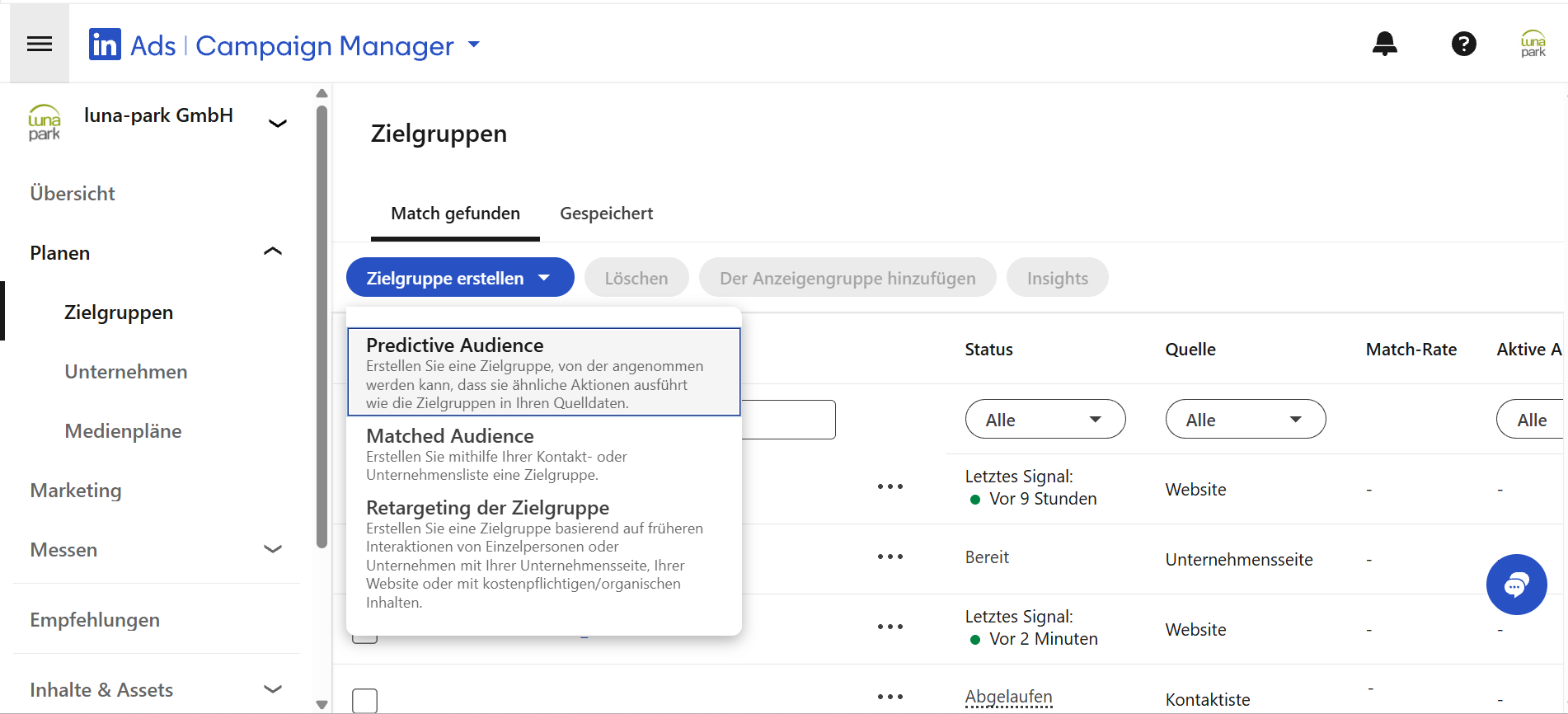 Predictive Audience, Matched Audience und Retargeting im LinkedIn Campaign Manager