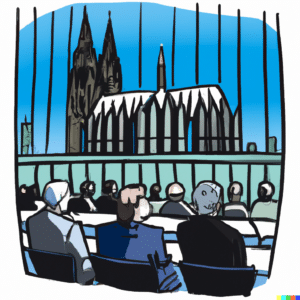 Ein Kongress, bei dem viele Menschen zuhören. Im Hintergrund: Die Skyline von Köln
