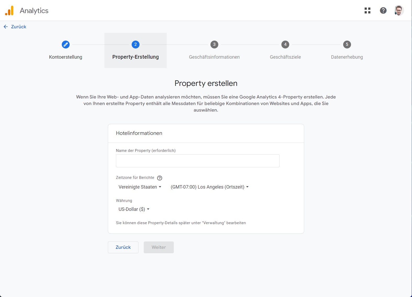 Property Einstellungen Feld zu den Property-Einstellungen in Google Analytics