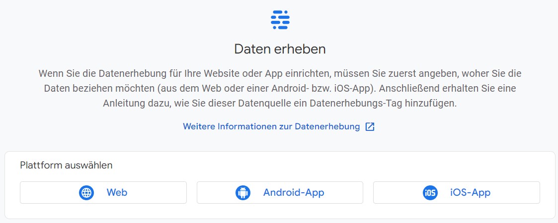 Datenerhebung Hinweis von GA zur Datenerhebung, Auswahlmöglichkeiten