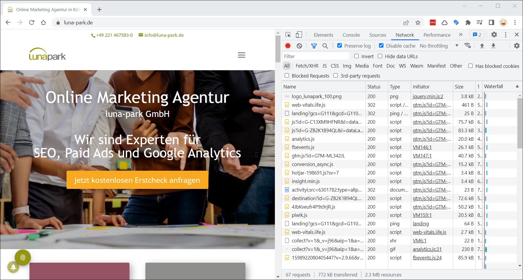 Network_Ansicht Ein Browser-Tab mit einer Network-ansicht auf dem Tracking-Skripte sichtbar sind.