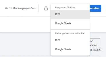 Downloadoption Keyword-Ideen aus dem Google Keyword Planer exportieren.