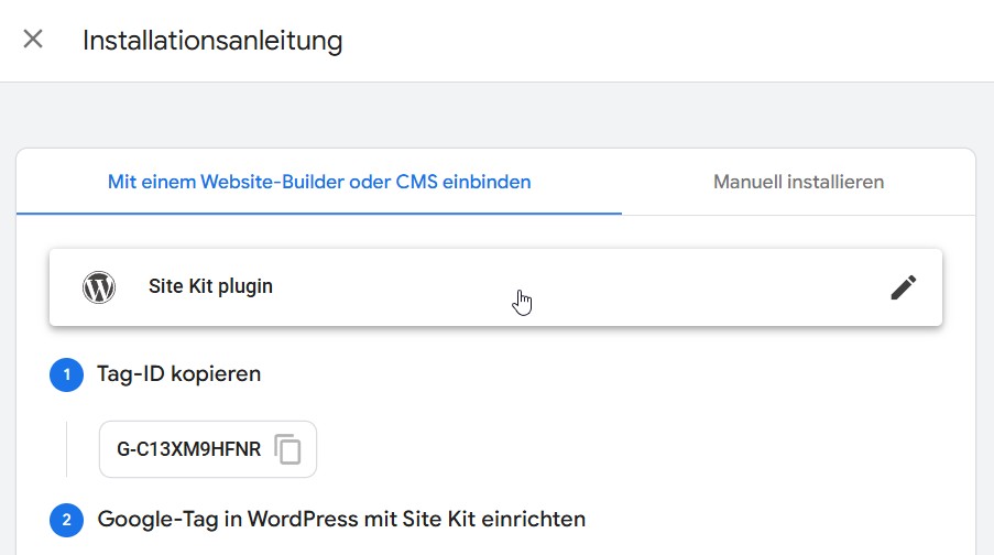 Google Tag einbinden Installationsanleitung WordPress Site Kit, Tag Einbindung