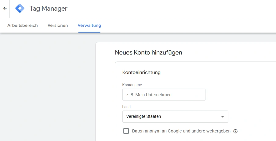 Felder zur GTM-Kontoeinrichtung